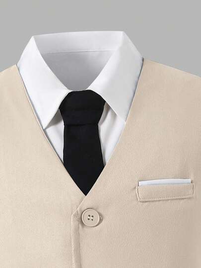 Ensemble de costume blanc beige noir pour garçon préadolescent, style gentleman, 2 pièces, gilet sans manches + short, élégant, preppy, formel, pour anniversaire, fête, mariage, automne