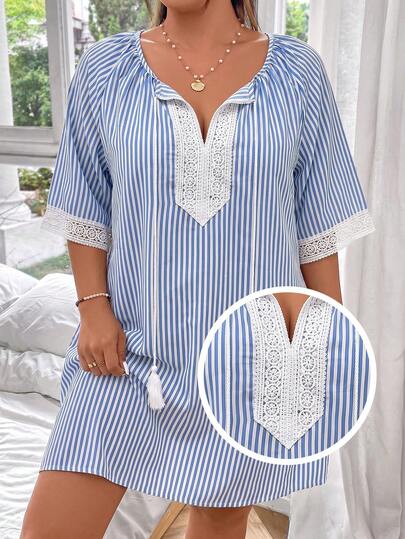 Swim Lushoire Robe de plage pour femmes grandes tailles à rayures contrastées avec dentelle et manches courtes