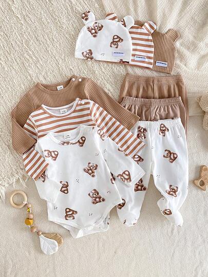 3 ensembles de 6 pièces Barboteuse et pantalon pour bébé nouveau-né, en coton doux avec imprimé mignon d'ours, vêtements d'intérieur confortables, meilleur cadeau pour les nouveau-nés