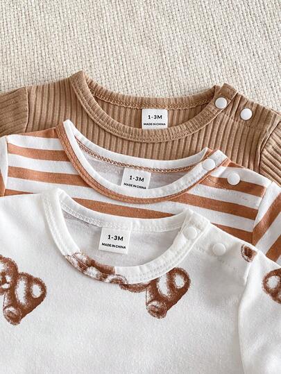 3 ensembles de 6 pièces Barboteuse et pantalon pour bébé nouveau-né, en coton doux avec imprimé mignon d'ours, vêtements d'intérieur confortables, meilleur cadeau pour les nouveau-nés