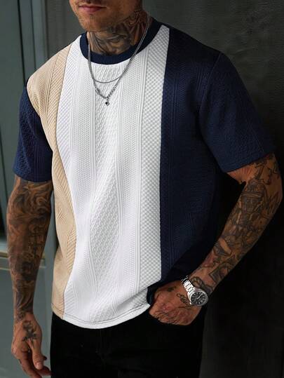 EGENSIO T-shirt décontracté pour hommes avec patchwork de blocs de couleurs, été, vacances