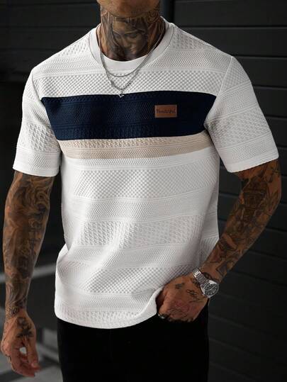 EGENSIO T-shirt à manches courtes décontracté et polyvalent pour homme, patchwork de couleurs, pour le port quotidien et les vacances