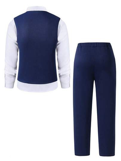4 pièces Ensemble de costume bleu marine pour adolescents, tenue formelle élégante d'été avec gilet, chemise, nœud papillon et pantalon pour mariage, bal de promo, remise de diplôme et soirées, blanc