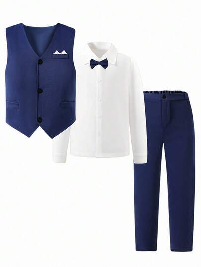 4 pièces Ensemble de costume bleu marine pour adolescents, tenue formelle élégante d'été avec gilet, chemise, nœud papillon et pantalon pour mariage, bal de promo, remise de diplôme et soirées, blanc