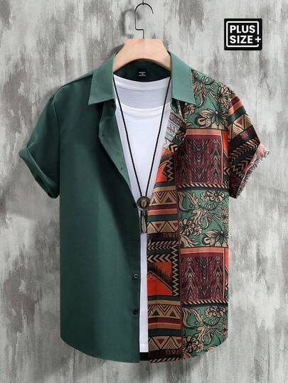 Manfinity Homme Chemise décontractée à manches courtes à imprimé floral et à simple boutonnage pour hommes grande taille