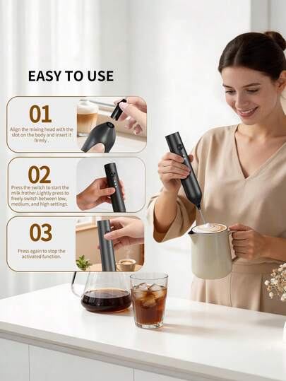 Mousseur à lait rechargeable portable, mélangeur électrique de boisson à 3 vitesses réglables, mousseur à lait portable, convient pour le latte, le cappuccino, le chocolat chaud, le mélange d'œufs et le shake protéiné, mini mélangeur électrique, bar à caf