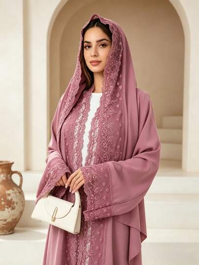 Yasmyna Ensemble de deux pièces : Hijab + Abaya longue ouverte Robe longue de style islamique turc et de Dubaï. Abaya musulmane pour femmes avec foulard, convient pour le port quotidien pour les dames