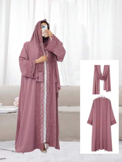 Yasmyna Ensemble de deux pièces : Hijab + Abaya longue ouverte Robe longue de style islamique turc et de Dubaï. Abaya musulmane pour femmes avec foulard, convient pour le port quotidien pour les dames
