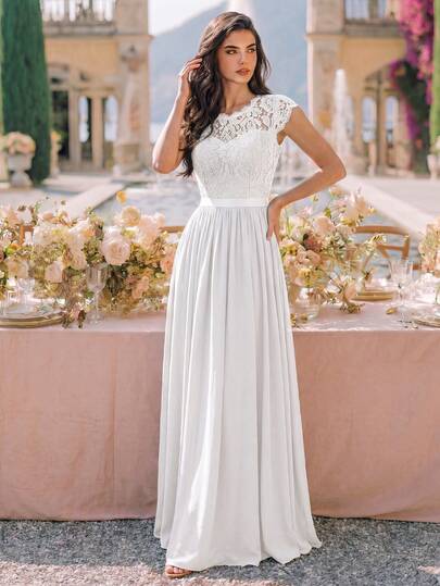 MIUSOL Robe longue de soirée formelle en mousseline de soie avec dentelle florale, manches courtes et ceinture en ruban, robe de bal blanche élégante d'été