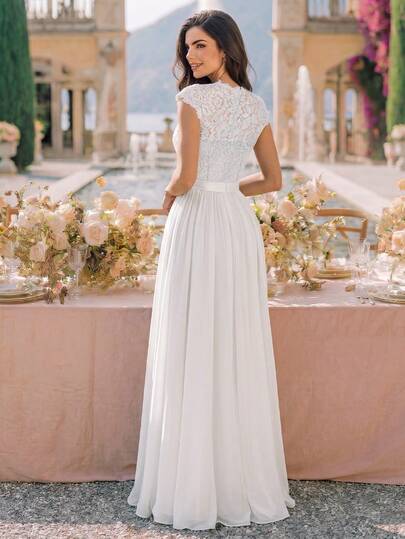 MIUSOL Robe longue de soirée formelle en mousseline de soie avec dentelle florale, manches courtes et ceinture en ruban, robe de bal blanche élégante d'été