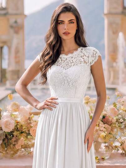 MIUSOL Robe longue de soirée formelle en mousseline de soie avec dentelle florale, manches courtes et ceinture en ruban, robe de bal blanche élégante d'été