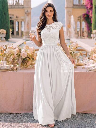 MIUSOL Robe longue de soirée formelle en mousseline de soie avec dentelle florale, manches courtes et ceinture en ruban, robe de bal blanche élégante d'été