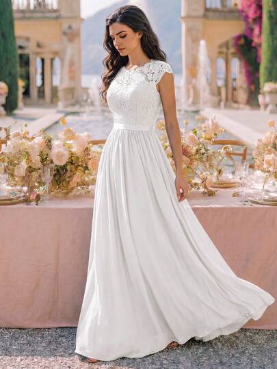 MIUSOL Robe longue de soirée formelle en mousseline de soie avec dentelle florale, manches courtes et ceinture en ruban, robe de bal blanche élégante d'été