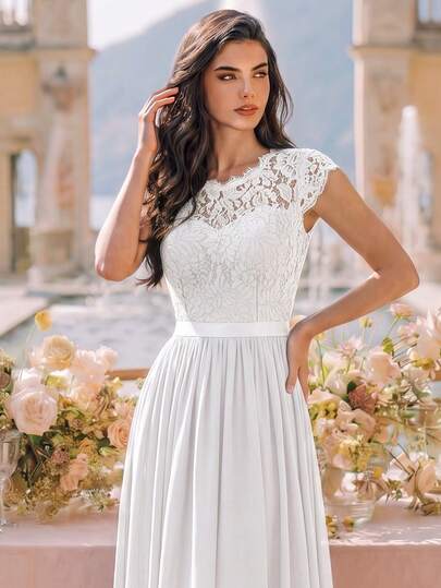 MIUSOL Robe longue de soirée formelle en mousseline de soie avec dentelle florale, manches courtes et ceinture en ruban, robe de bal blanche élégante d'été
