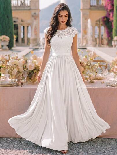 MIUSOL Robe longue de soirée formelle en mousseline de soie avec dentelle florale, manches courtes et ceinture en ruban, robe de bal blanche élégante d'été