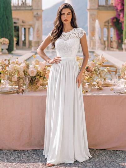 MIUSOL Robe longue de soirée formelle en mousseline de soie avec dentelle florale, manches courtes et ceinture en ruban, robe de bal blanche élégante d'été
