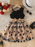 Robe en tulle rétro pour jeune fille, robe en tulle patchwork à bretelles asymétriques (avec ceinture), convient pour les fêtes d'anniversaire, les représentations sur scène, le port quotidien, les occasions formelles légères