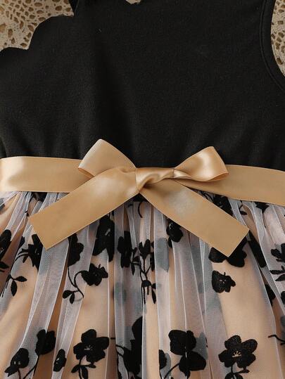 Robe en tulle rétro pour jeune fille, robe en tulle patchwork à bretelles asymétriques (avec ceinture), convient pour les fêtes d'anniversaire, les représentations sur scène, le port quotidien, les occasions formelles légères