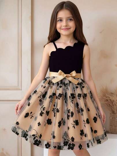 Robe en tulle rétro pour jeune fille, robe en tulle patchwork à bretelles asymétriques (avec ceinture), convient pour les fêtes d'anniversaire, les représentations sur scène, le port quotidien, les occasions formelles légères