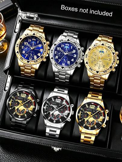 6 pièces/3 pièces Ensemble de montres à quartz à grand cadran pour hommes, à la mode et polyvalent, convient pour le port quotidien décontracté, cadeau parfait pour les fêtes