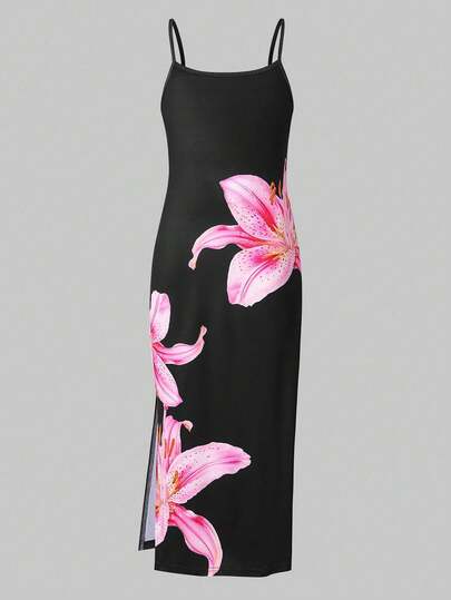 Robe longue sans manches d'été pour filles, imprimé de fruits colorés avec une ambiance ludique, silhouette ajustée avec une fente sur le côté, parfaite pour les sorties et les séances photo!
