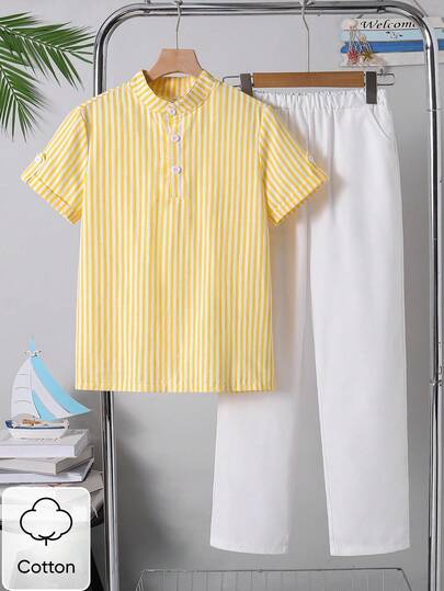 Vacaura 2 pièces/Ensemble Tenue d'été décontractée pour garçons préadolescents, chemise à rayures avec col et pantalon de couleur unie avec poches, convient pour le port quotidien, les activités extérieures, l'école, nouvelle arrivée printemps/été, tenue