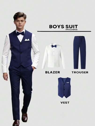 4 pièces Ensemble de costume bleu marine pour adolescents, tenue formelle élégante d'été avec gilet, chemise, nœud papillon et pantalon pour mariage, bal de promo, remise de diplôme et soirées, blanc