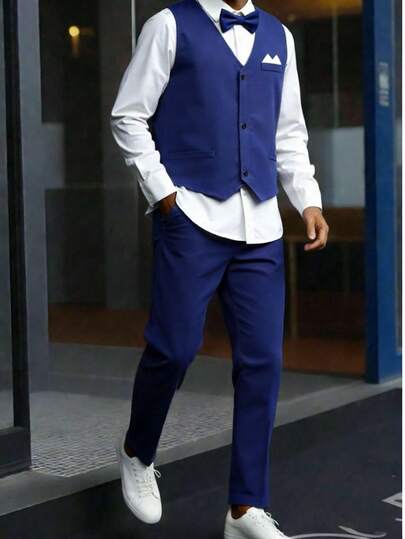 4 pièces Ensemble de costume bleu marine pour adolescents, tenue formelle élégante d'été avec gilet, chemise, nœud papillon et pantalon pour mariage, bal de promo, remise de diplôme et soirées, blanc
