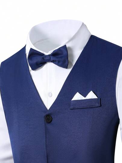 4 pièces Ensemble de costume bleu marine pour adolescents, tenue formelle élégante d'été avec gilet, chemise, nœud papillon et pantalon pour mariage, bal de promo, remise de diplôme et soirées, blanc