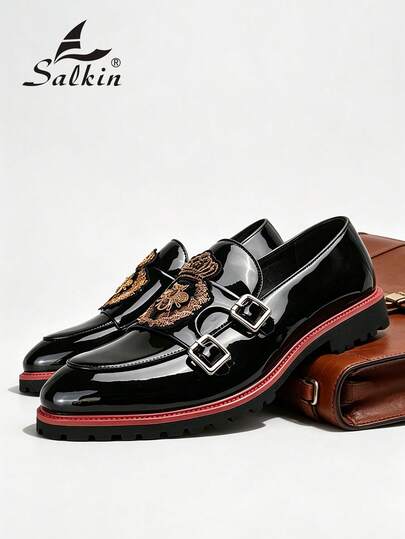 Salkin Mocassins de luxe rétro pour hommes, chaussures élégantes pour gentilhomme avec double boucle, motif brodé d'abeille et de couronne, enrobé brillant, chaussures habillées décontractées légères pour les affaires, les fêtes, les mariages, les occasio