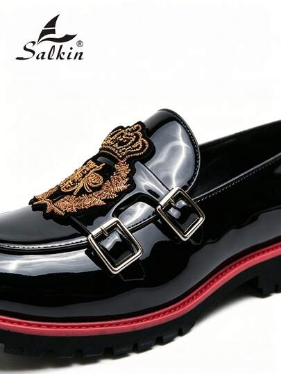 Salkin Mocassins de luxe rétro pour hommes, chaussures élégantes pour gentilhomme avec double boucle, motif brodé d'abeille et de couronne, enrobé brillant, chaussures habillées décontractées légères pour les affaires, les fêtes, les mariages, les occasio