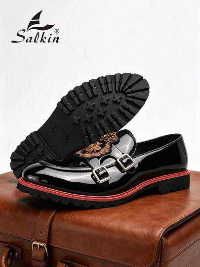Salkin Mocassins de luxe rétro pour hommes, chaussures élégantes pour gentilhomme avec double boucle, motif brodé d'abeille et de couronne, enrobé brillant, chaussures habillées décontractées légères pour les affaires, les fêtes, les mariages, les occasio