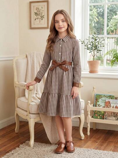 Robe à manches longues à carreaux pour filles, motif à carreaux marron et blanc, ceinture à nœud avec bordure , pour un port quotidien