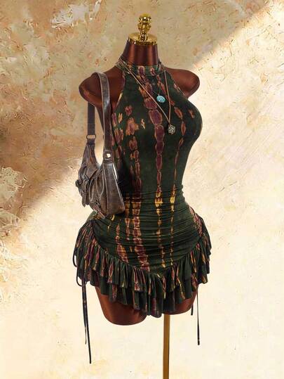 Amplova Robe mini avec taille cintrée, ourlet asymétrique et volants