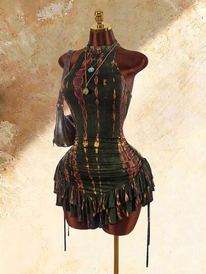 Amplova Robe mini avec taille cintrée, ourlet asymétrique et volants