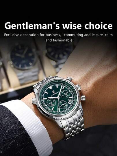 1 pièce Montre chronographe lumineuse et imperméable pour hommes avec cadran calendrier 24 heures, boîtier en acier inoxydable résistant à l'usure, style mécanique automatique quartz de luxe sport classique minimaliste décontracté mode business, convient