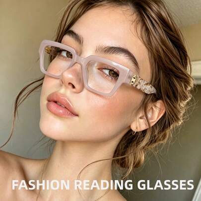 1 pièce Nouvelles lunettes de lecture à monture large à la mode, monture épaisse texturée de couleur gelée transparente, branches à motif marbre d'encre, ponts de nez intégrés, accents de charnière en métal exquis, lunettes de lecture élégantes de style v