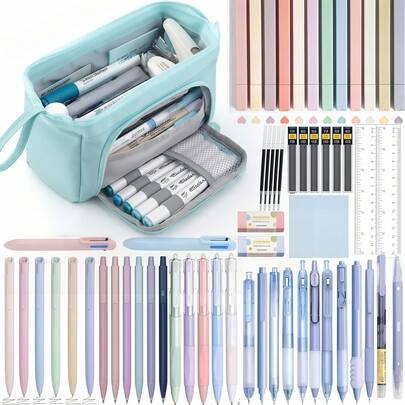 5/6/61 pièces Fournitures scolaires esthétiques avec grand étui à crayons, stylos gel à encre noire, écriture, pointe fine lisse de 0,5 mm, ensemble de crayons mécaniques, 13 surligneurs, notes adhésives, sac de papeterie pour école, collège, pour adolesc