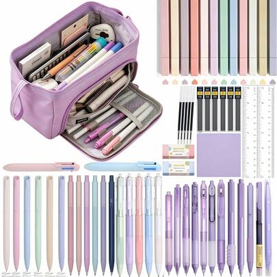5/6/61 pièces Fournitures scolaires esthétiques avec grand étui à crayons, stylos gel à encre noire, écriture, pointe fine lisse de 0,5 mm, ensemble de crayons mécaniques, 13 surligneurs, notes adhésives, sac de papeterie pour école, collège, pour adolesc