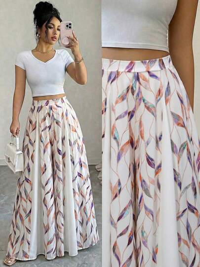 Elenzga Pantalon long jupe-short imprimé patchwork coupe A élégant pour femme, style streetwear, printemps/été, vacances et trajets