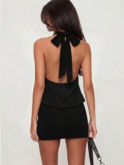 Robe mini moulante dos nu avec lien à la taille, nouvelle arrivée printemps/été, élégante pour soirée, noire, esthétique