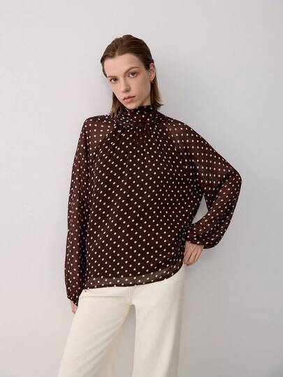 Chemise décontractée polyvalente à col avec nœud à pois pour femme, marron, pour le printemps