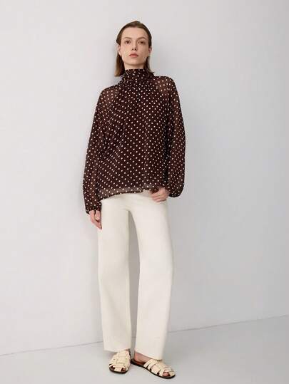 Chemise décontractée polyvalente à col avec nœud à pois pour femme, marron, pour le printemps