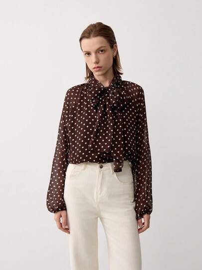 Chemise décontractée polyvalente à col avec nœud à pois pour femme, marron, pour le printemps