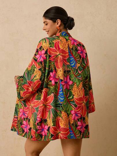 Travachic Cache-maillot pour femmes grande taille avec imprimé poisson de l'océan abricot, Top kimono ample à manches mi-longues, chemise romantique pour le début du printemps, plage et sources thermales