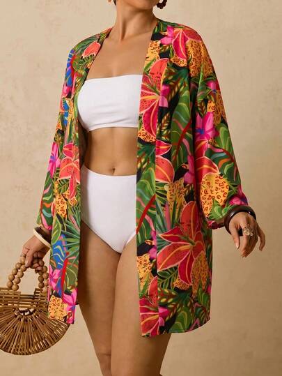 Travachic Cache-maillot pour femmes grande taille avec imprimé poisson de l'océan abricot, Top kimono ample à manches mi-longues, chemise romantique pour le début du printemps, plage et sources thermales