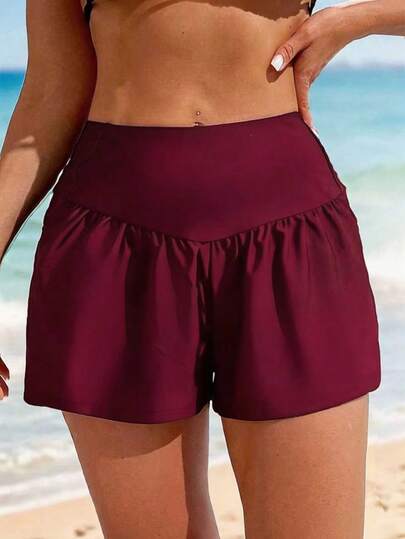 Swim Lushoire Short de plage plissé avec poches, couleur unie, mode vacances pour femmes