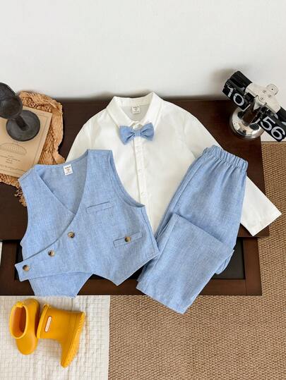 3pcs/Set Ensemble de gilet bleu et pantalon long mode printemps/été pour jeunes garçons, costume formel élégant de gentleman, convient pour les vacances, les mariages, la fête de la pleine lune, le baptême, la célébration du 1er anniversaire, la baby show