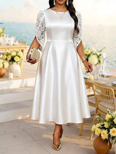 Robe élégante à manches florales en dentelle contrastée pour femmes grande taille