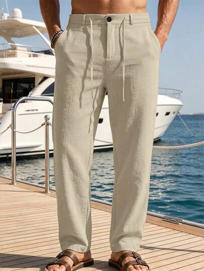 VENTUSAIL Pantalon décontracté pour hommes de couleur unie avec taille à cordon de serrage, jambes droites et poches latérales, pantalon ample long unicolore pour vacances, cadeau pour mari, petit ami, automne, vacances